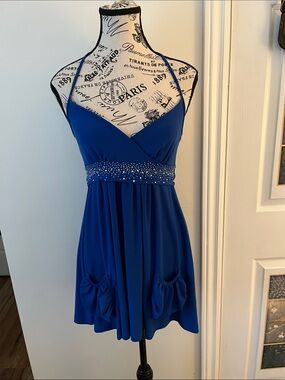 Blue Rhinestone Empire Waist Halter Dress or Top